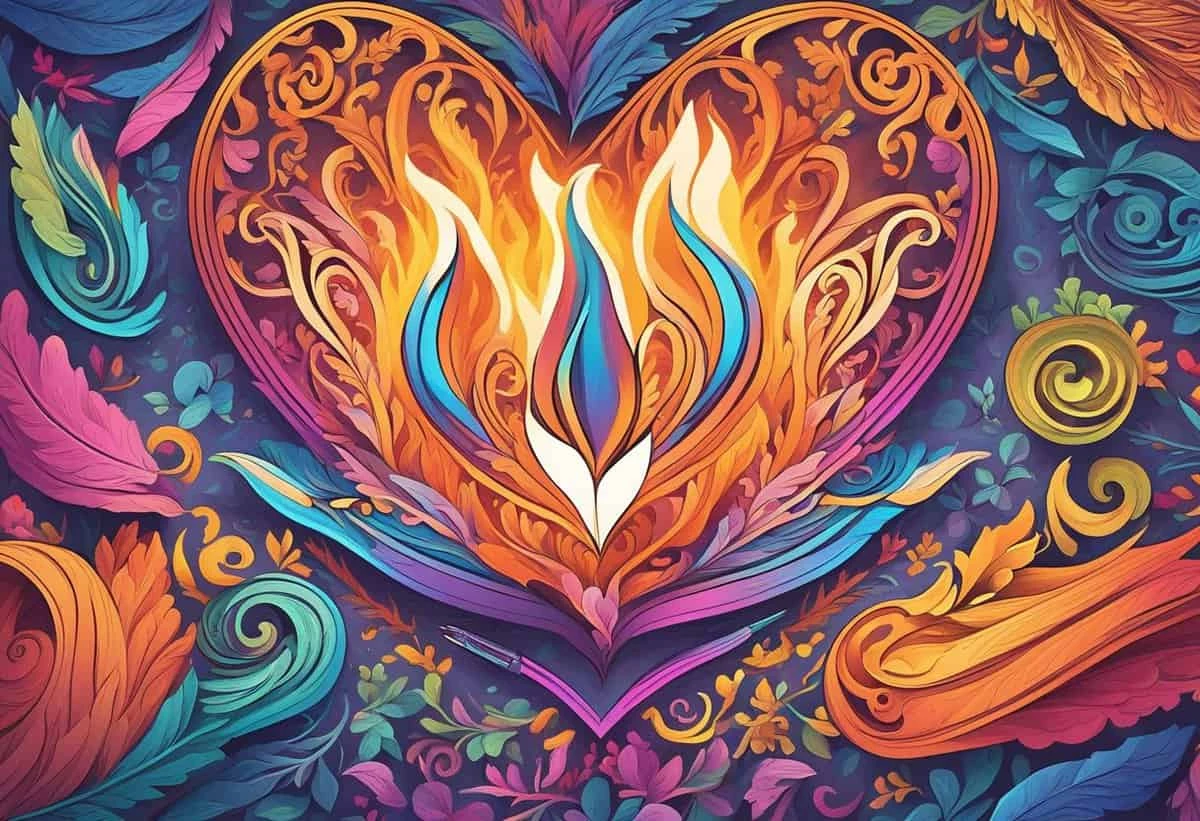 A vibrant illustration of a heart aflame with ornate swirls and floral patterns against a colorful background.