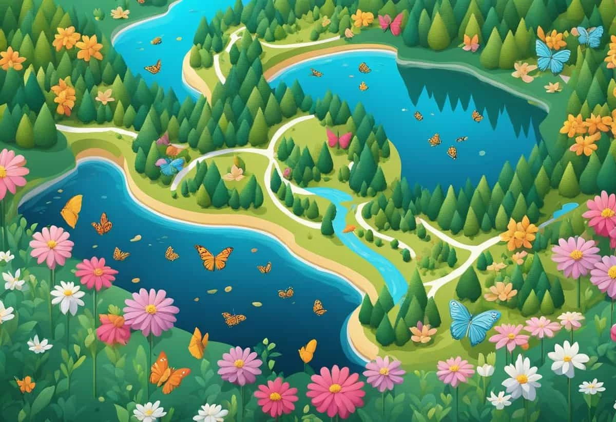 A colorful illustration of a vibrant and lush forest landscape with a river, butterflies, and blooming flowers.
