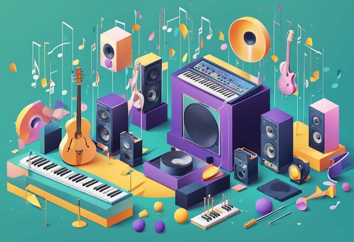 A vibrant, stylized illustration of various musical instruments and audio equipment with floating musical notes.