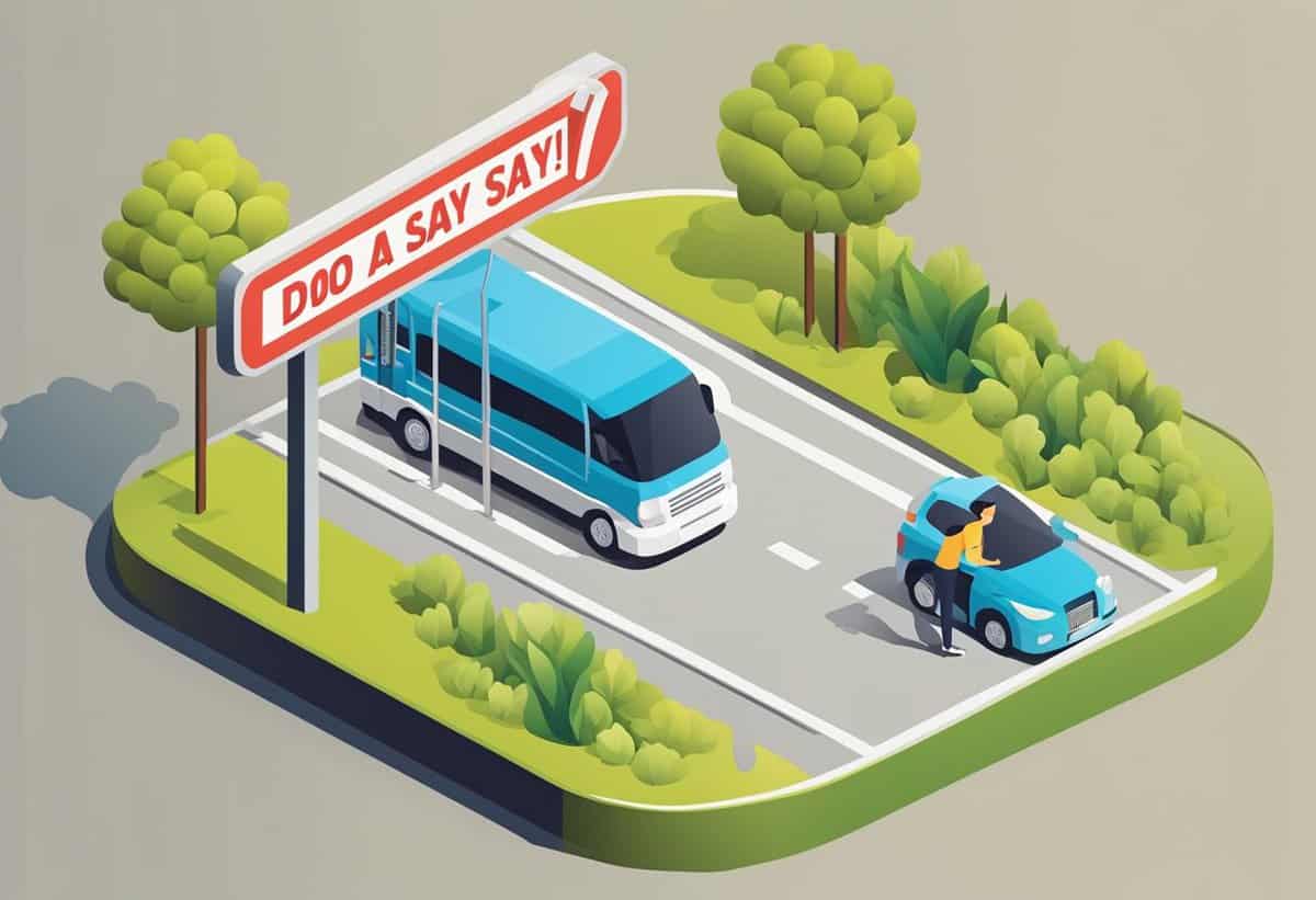Isometric illustration of a bus and a car on a road with stylized trees and a quirky street sign.