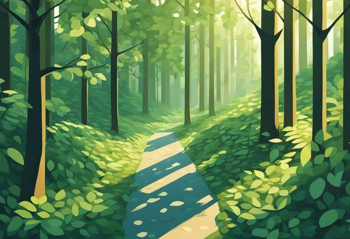 A serene forest path bathed in sunshine with lush green trees and foliage.