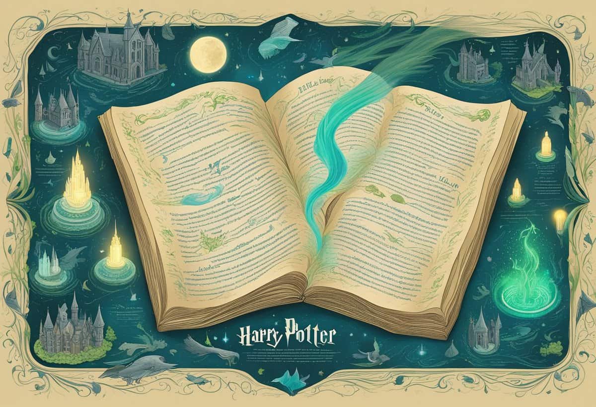 An illustrated harry potter theme featuring a magical open book with whimsical elements and hogwarts in the background.