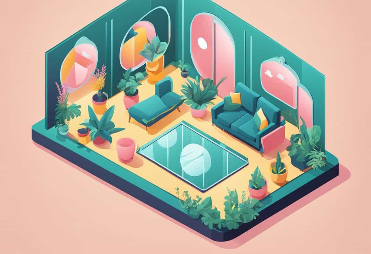 Isometric illustration of a modern living room with pastel color scheme, featuring furniture and plants.