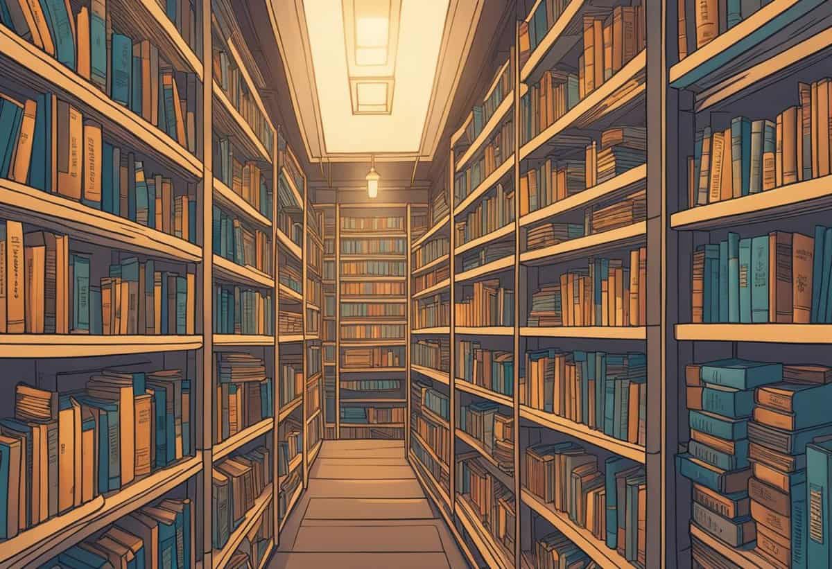 A cartoon-styled illustration of a well-lit library aisle with bookshelves stocked with numerous books.