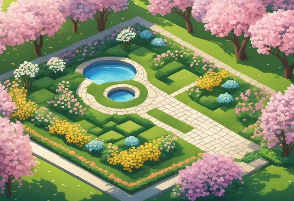 A vibrant illustration of a well-manicured garden with a central fountain, surrounded by blooming cherry blossoms and neatly trimmed hedges.