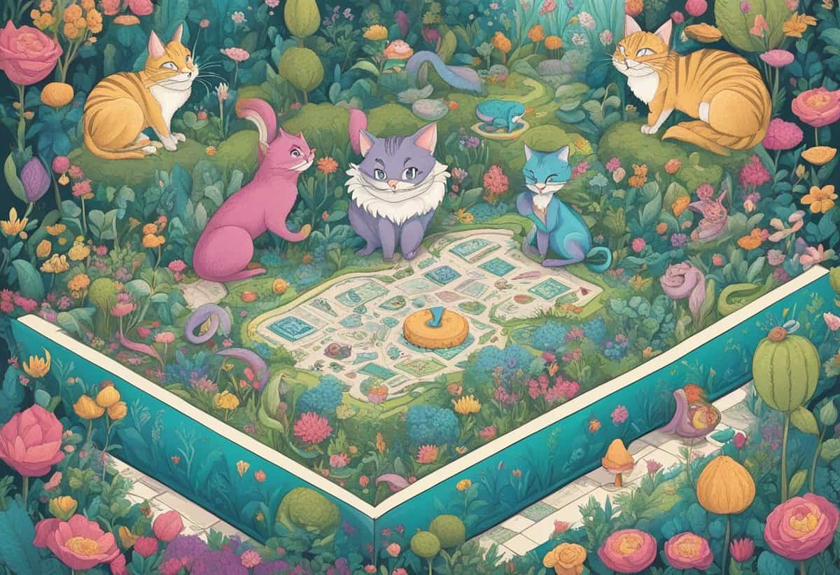 Colorful illustration of anthropomorphic cats playing a board game in a lush garden setting.