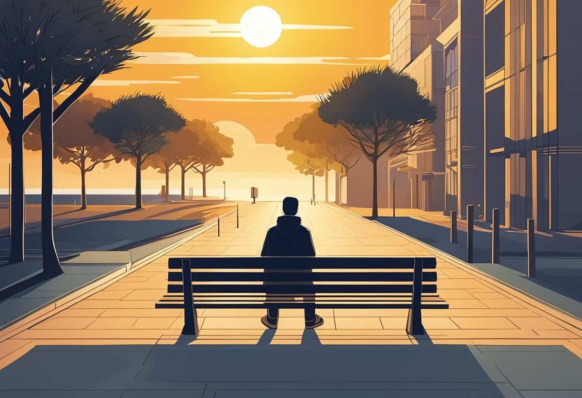 A person sits on a bench facing a sunset along a tree-lined urban pathway.