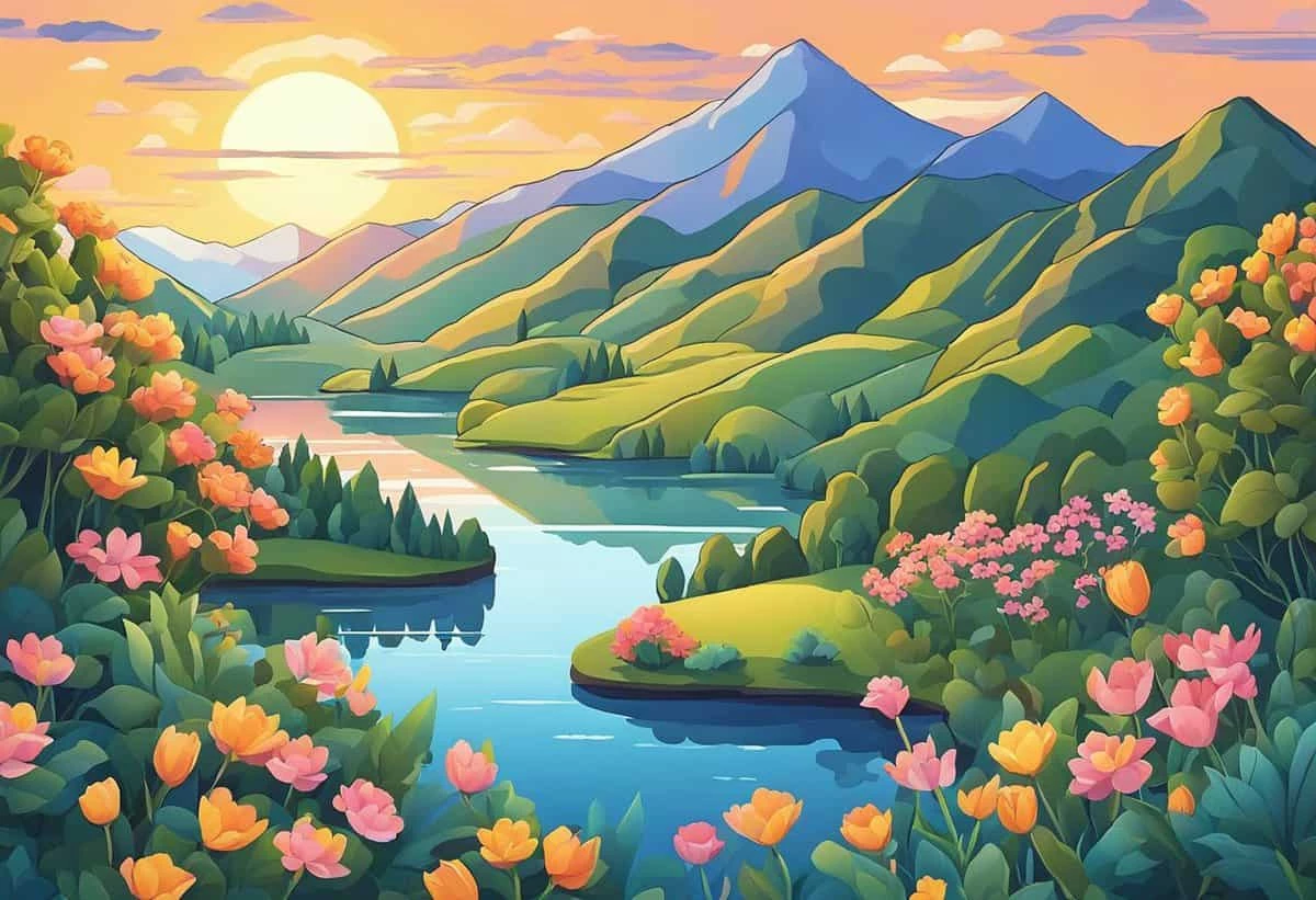 A vibrant, stylized illustration of a river flowing through a lush valley with colorful flowers and mountains in the background during sunset.