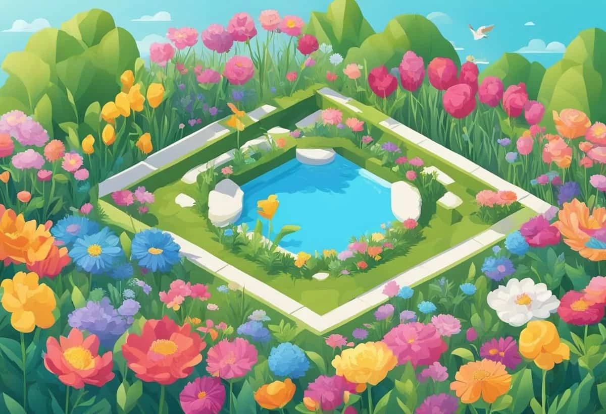 A vibrant garden with a variety of colorful flowers surrounding a small, square-shaped pond.
