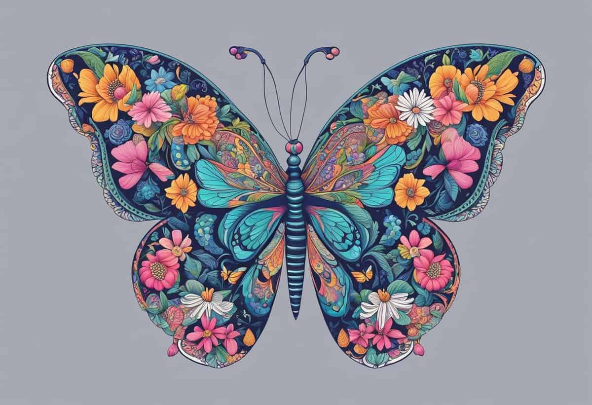 Colorful illustrated butterfly with detailed floral patterns on wings.