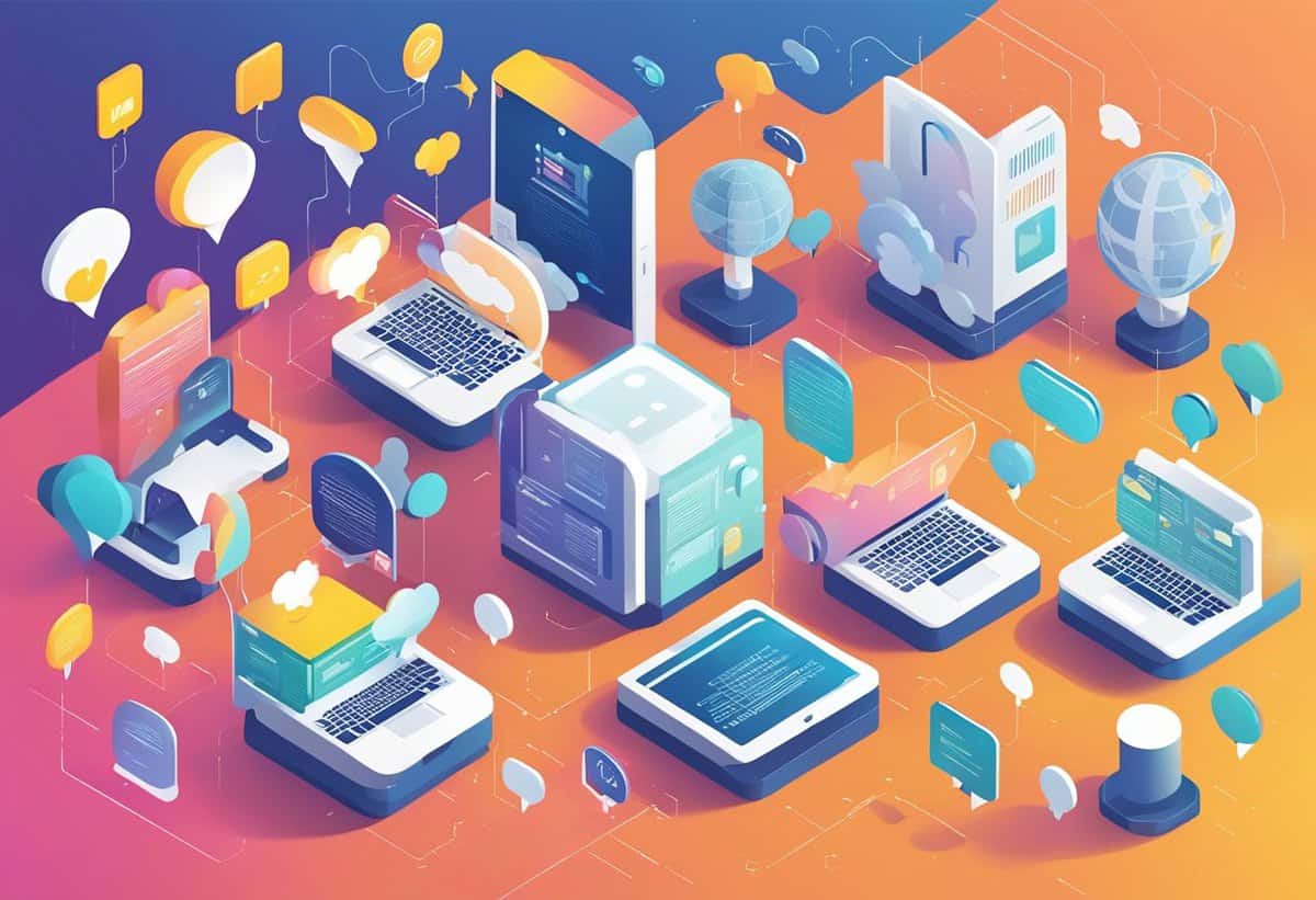 Colorful illustration of a digital ecosystem with various devices and interfaces connected, symbolizing cloud computing and online communication.