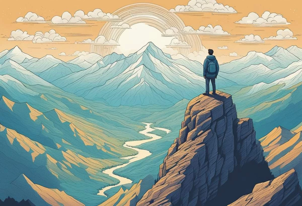 A person stands on a mountain peak observing a majestic landscape with mountain ranges, a river, and a rising sun.