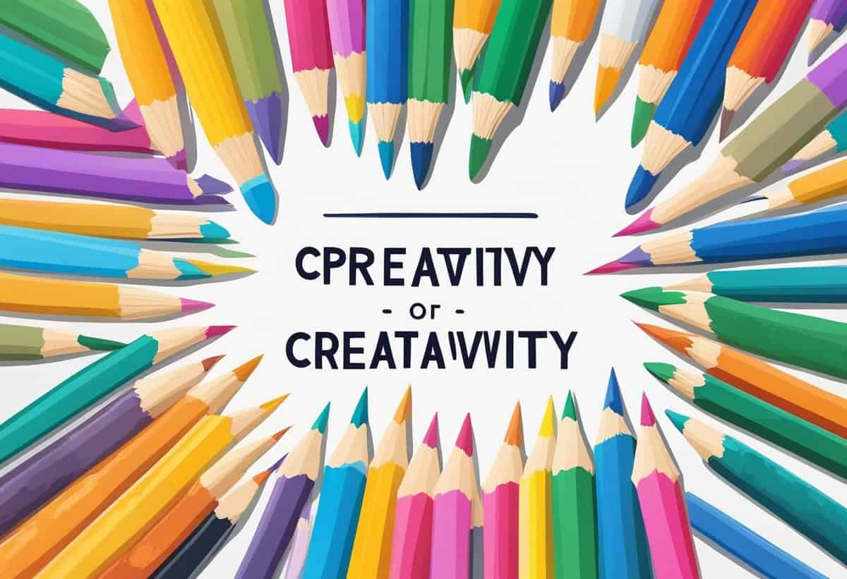 A circle of colored pencils pointing inwards towards the misspelled word "creativity.