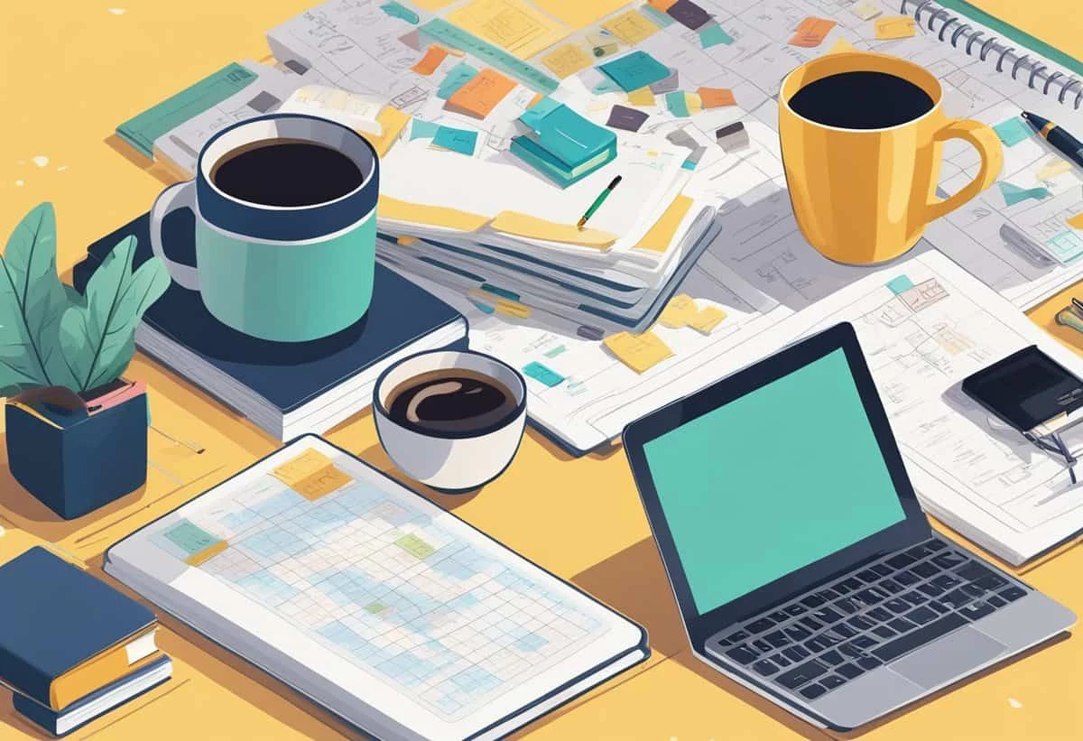 An organized workspace with a laptop, coffee mugs, planners, and stationery on a desk.