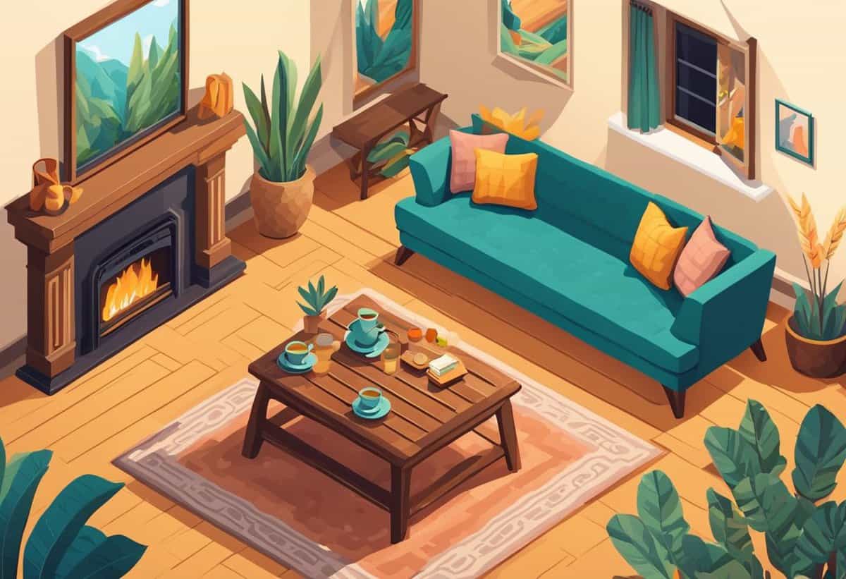 A cozy living room with a blue sofa, wooden coffee table, and a lit fireplace.