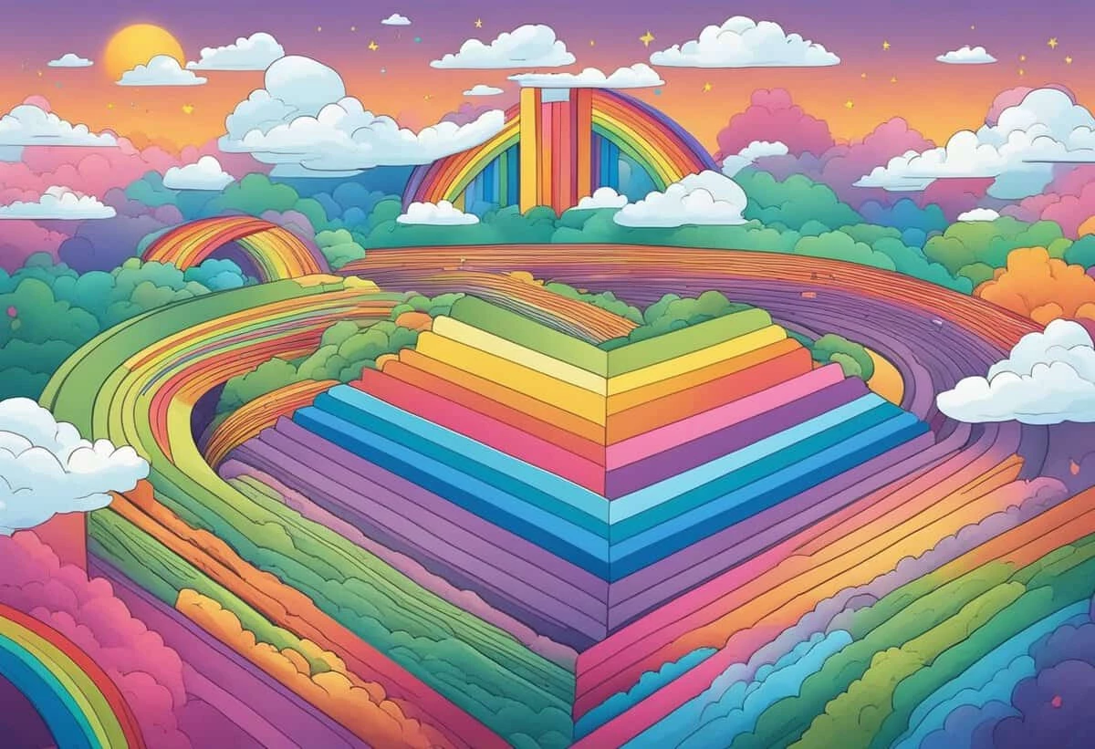 A colorful digital illustration of terraced land with rainbow hues under a sky with multiple rainbows.