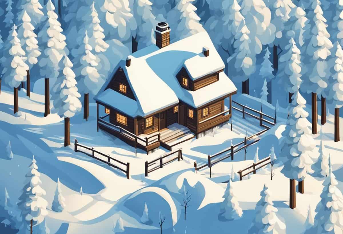A snow-covered cabin surrounded by winter trees in a serene woodland setting.