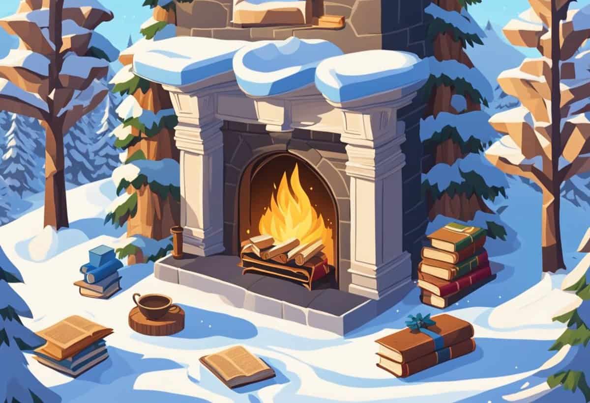 An outdoor winter scene with an ornate fireplace, books, a mug, and a gift, amidst snow-covered surroundings.