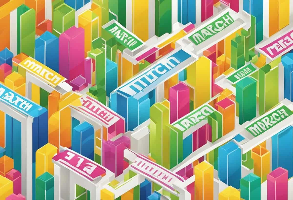 A colorful 3d conceptual illustration of a calendar with the month "march" prominently displayed on interlocking paths amid towering chart-like blocks.