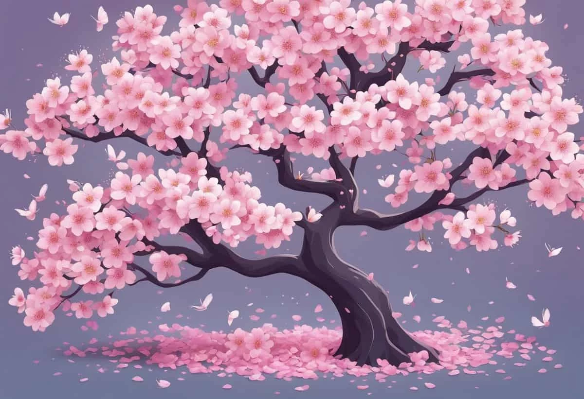 A flourishing cherry blossom tree with petals gently falling to the ground.