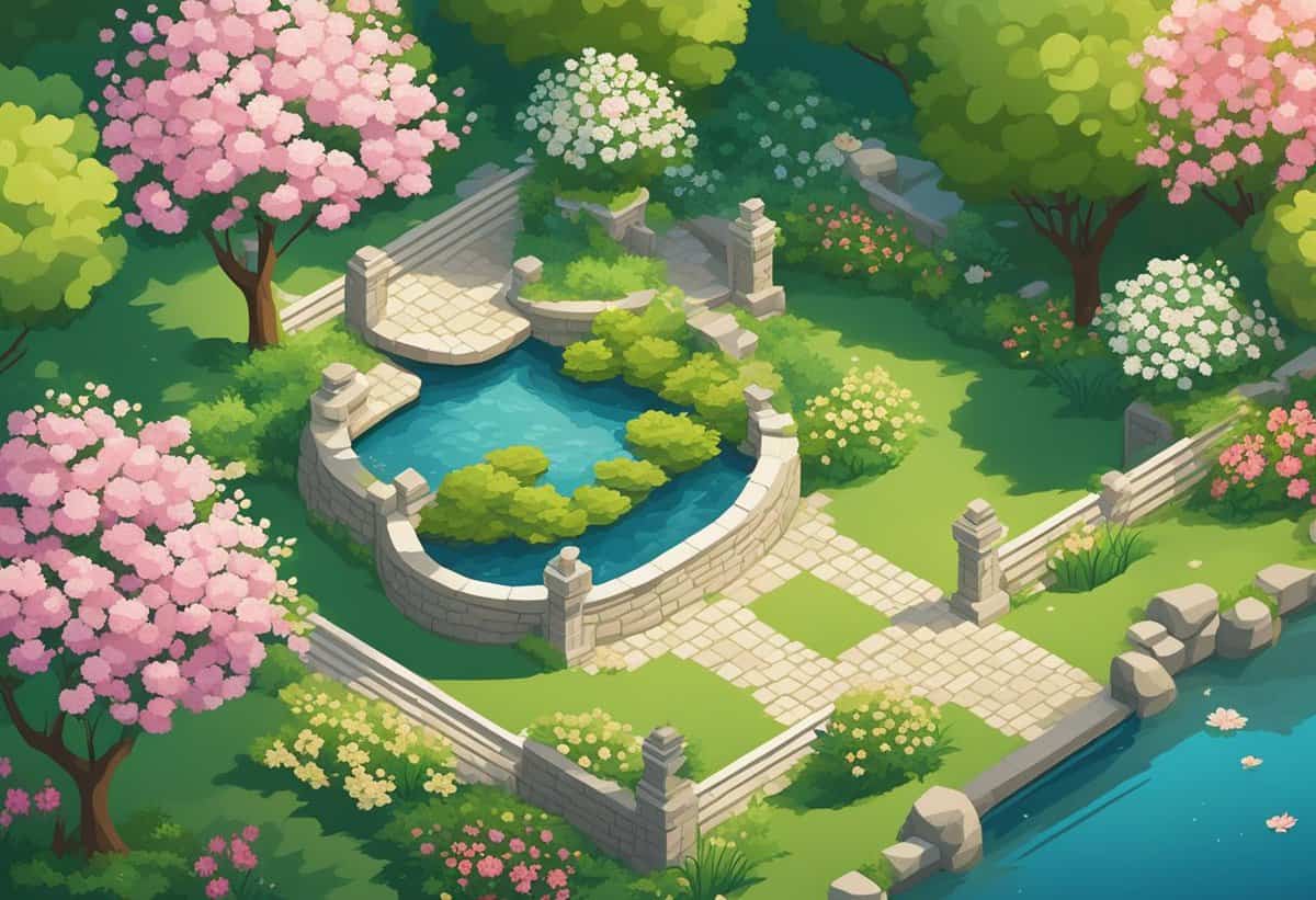 A serene isometric illustration of a landscaped garden with a circular pond, flowering trees, and stone pathways.