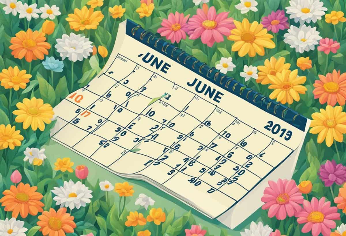 Illustration of a june 2019 calendar surrounded by colorful flowers.
