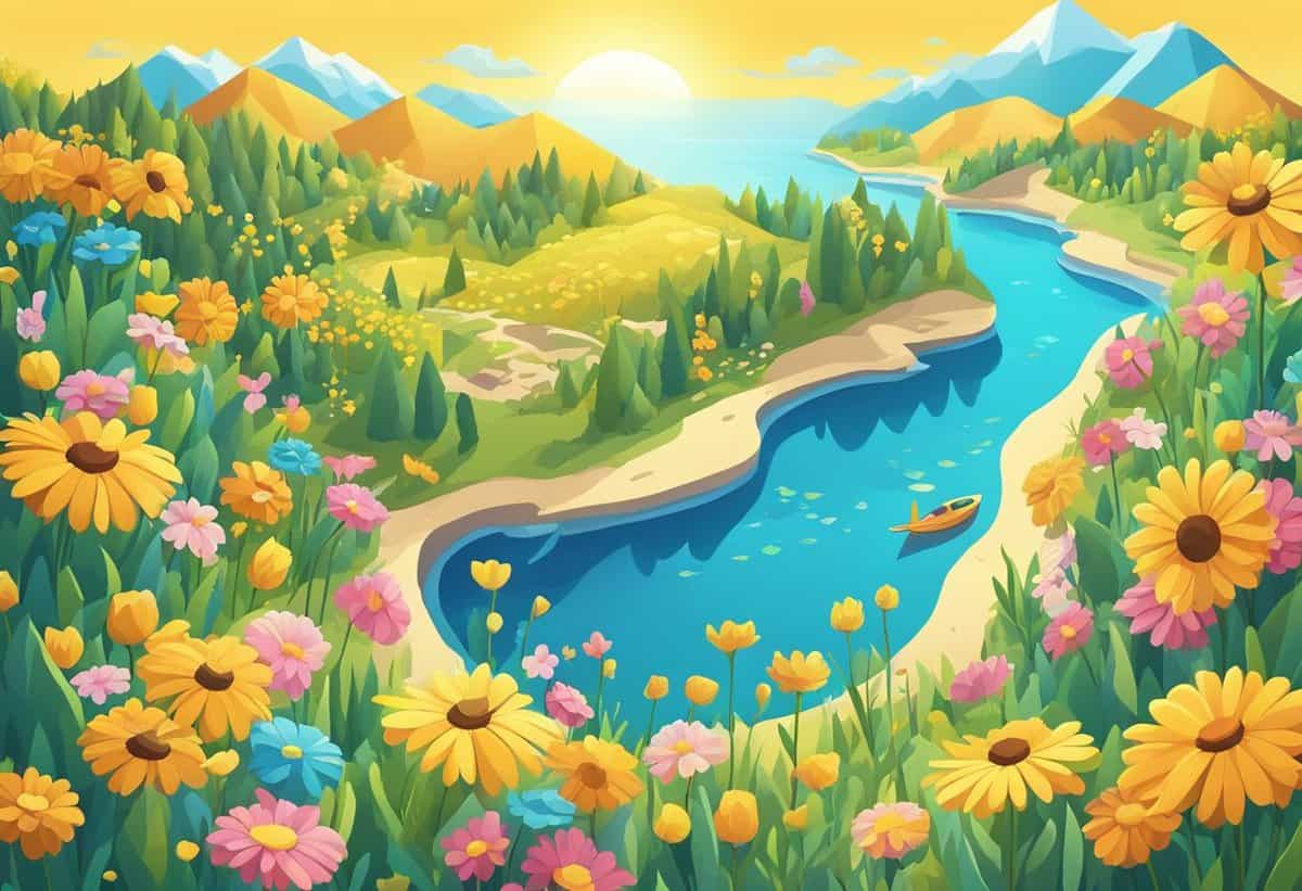 A vibrant illustration of a picturesque landscape featuring a river, blooming wildflowers, mountains, and a canoe on the water.