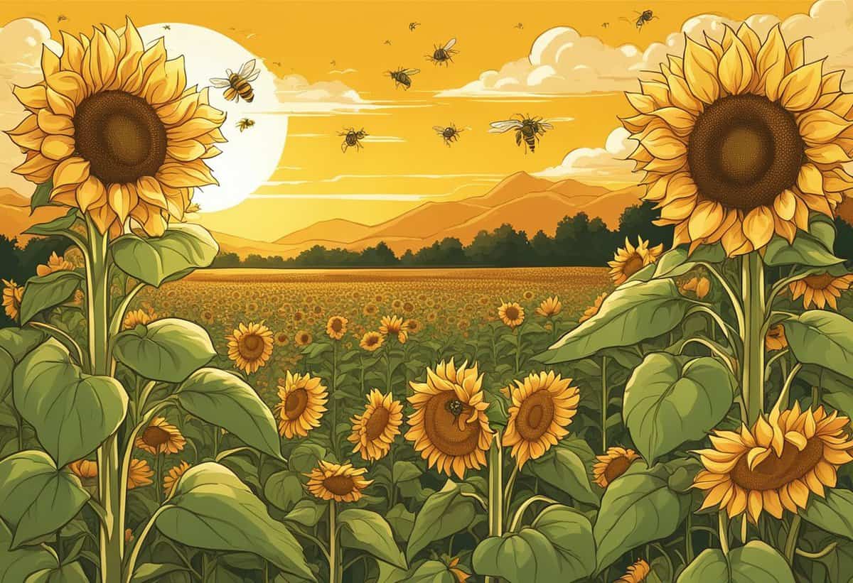 Sunflowers thriving in a field at sunset with bees flying above.