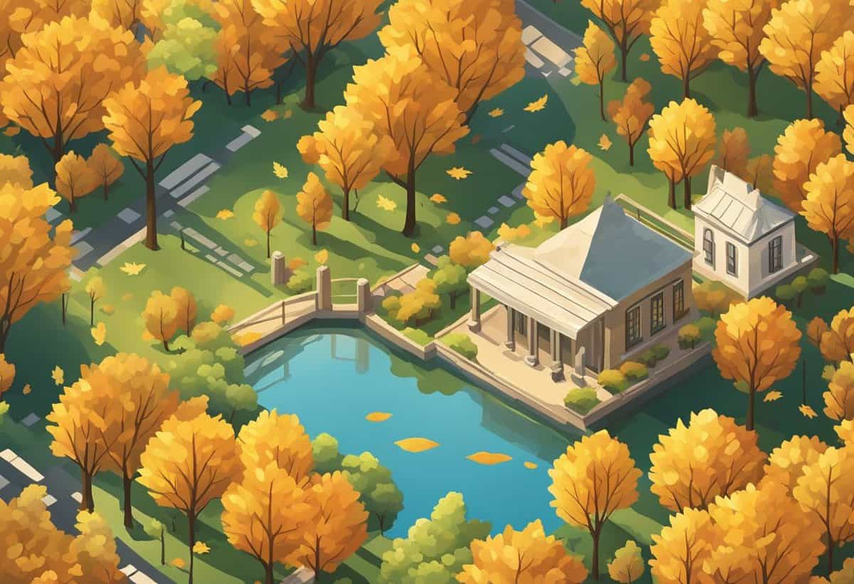 A serene autumn park with a classical pavilion beside a tranquil pond surrounded by trees with golden foliage.