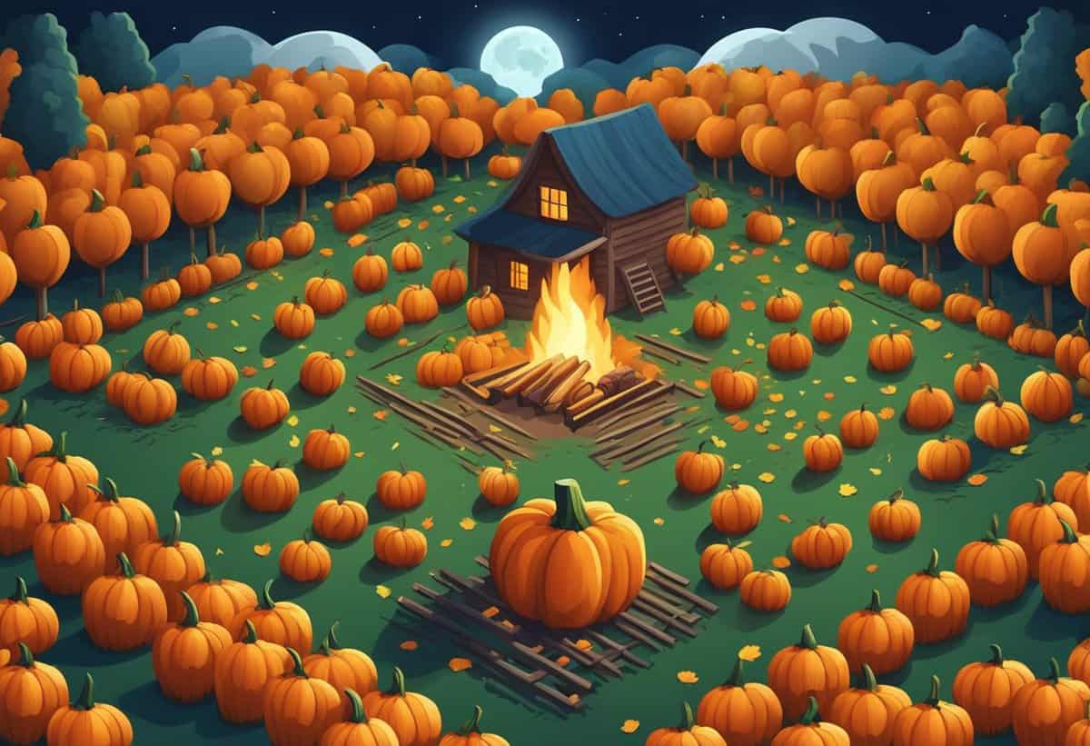 A cozy cabin surrounded by a pumpkin patch on a starry night with a warm campfire burning in the foreground.