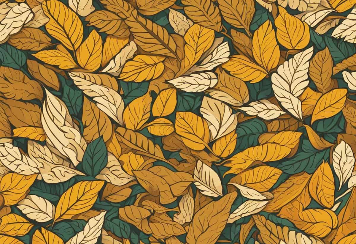 Seamless pattern of stylized autumn leaves in warm tones.