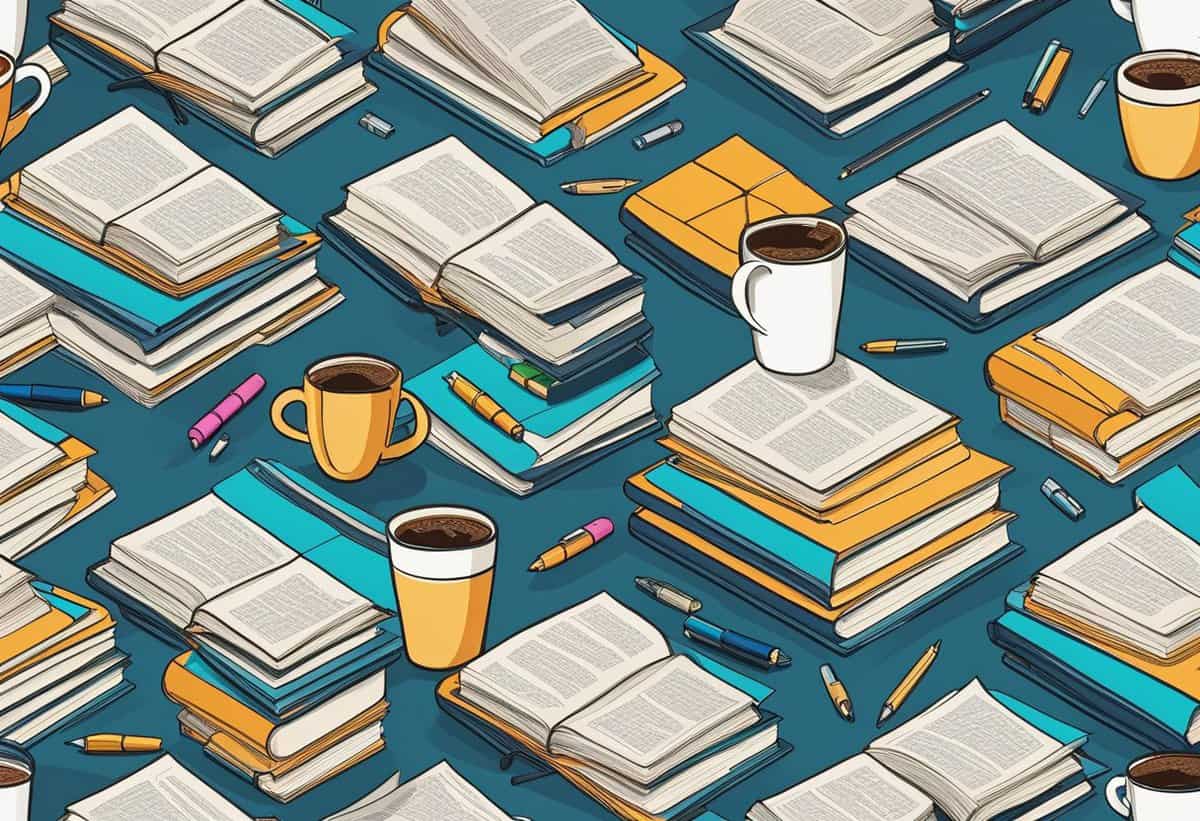 An illustration of an organized mess, featuring open books, scattered pens and pencils, and coffee cups amongst stacks of literature on a blue surface.