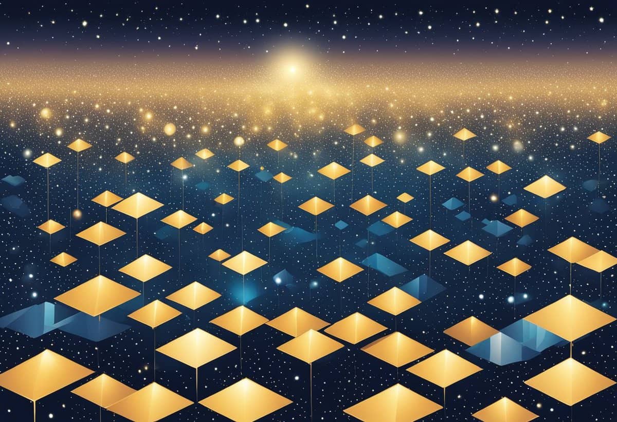 A digital illustration of a stylized, grid-like landscape with illuminated geometric shapes against a night sky with stars.