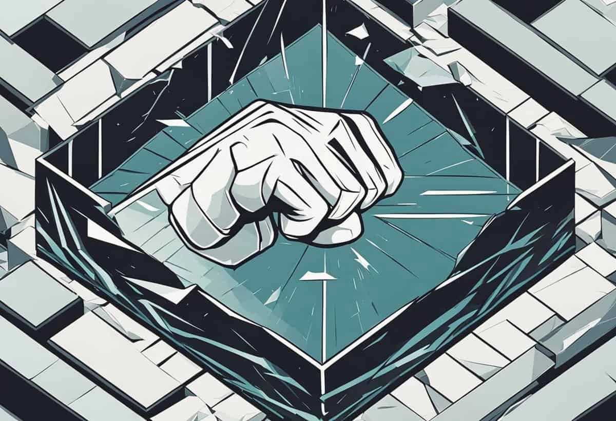 A stylized illustration of a clenched fist breaking through a geometric, crystalline barrier.