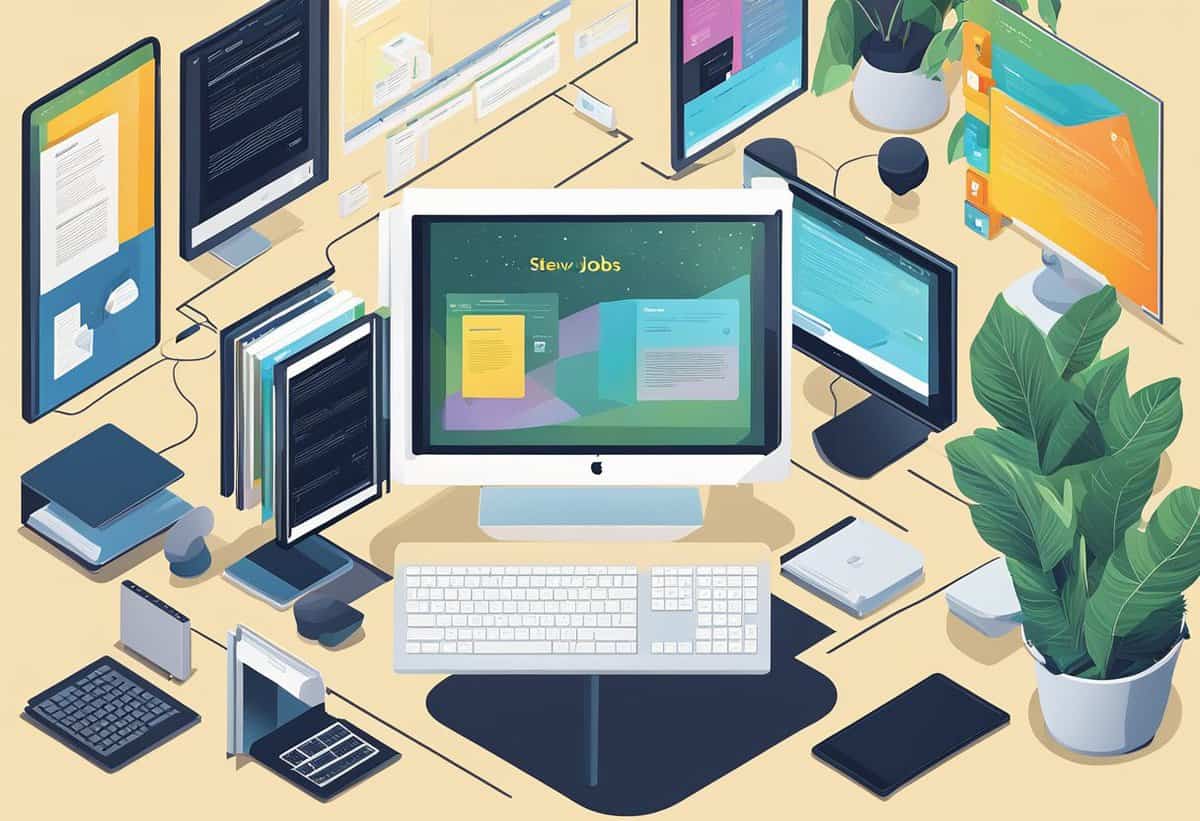 An isometric digital illustration of a well-organized modern workspace featuring a desktop computer with "steve jobs" on the screen, surrounded by various devices, notebooks, and a potted plant.