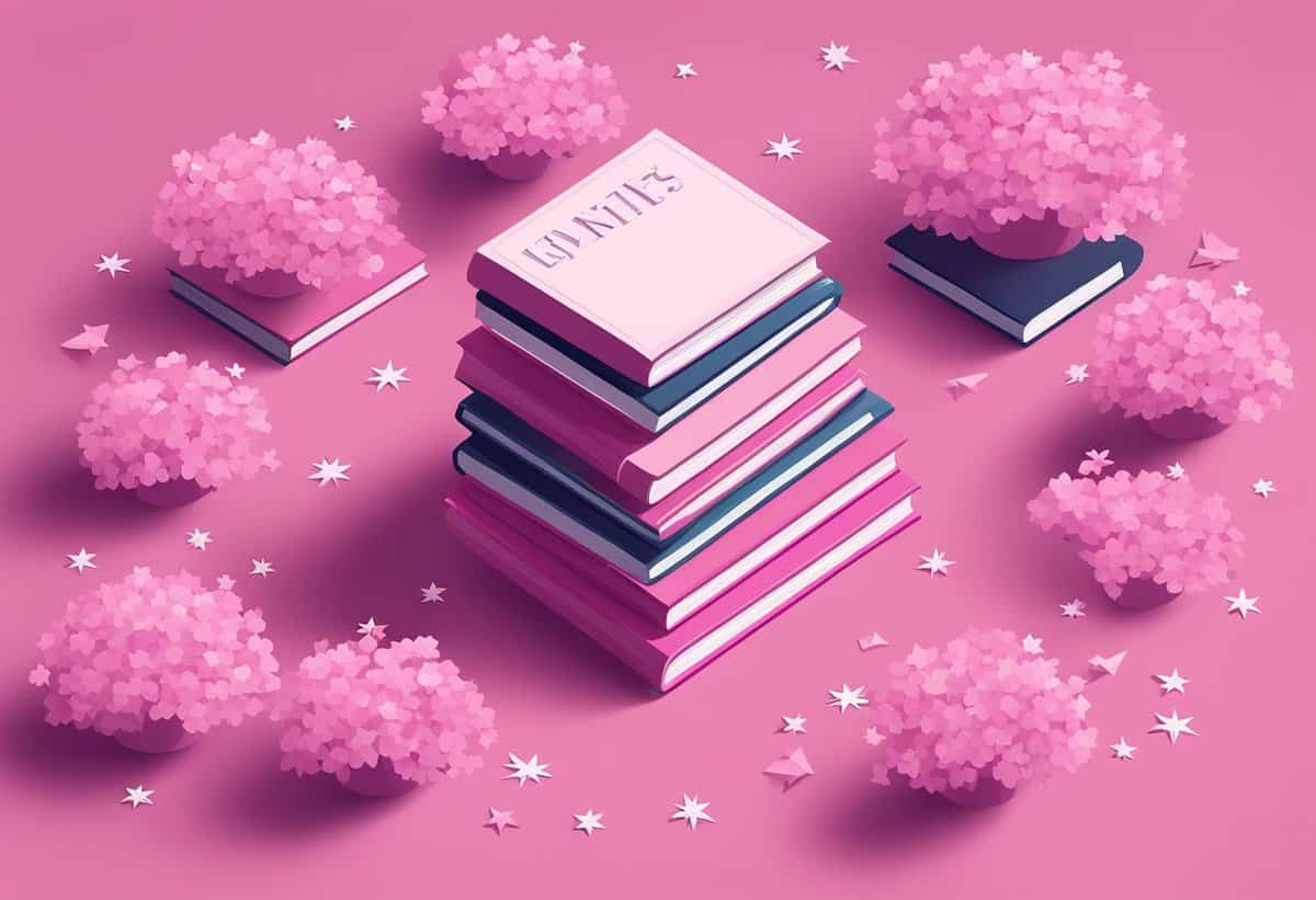 A stack of books with a pastel pink notebook titled 'agenda' on top, surrounded by stylized pink clouds and paper planes, on a pink background.