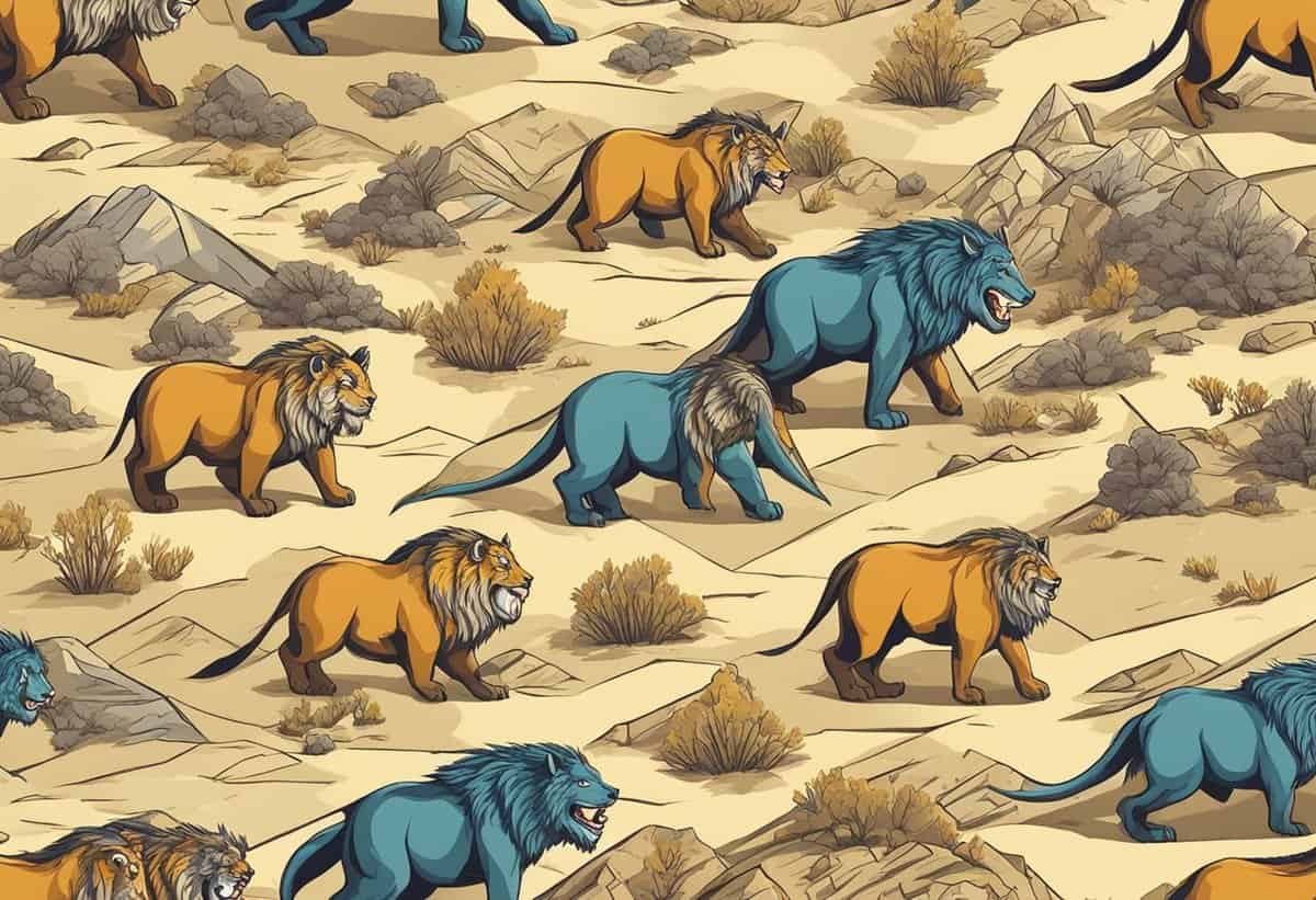 Illustration of lions with varying mane colors walking through a savannah landscape.