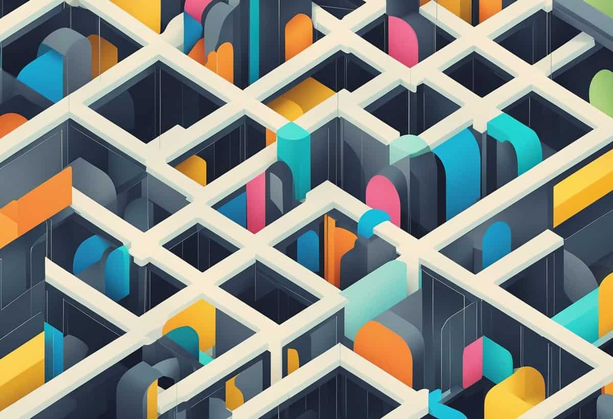 Intricate 3d maze with colorful paths on a grey background.