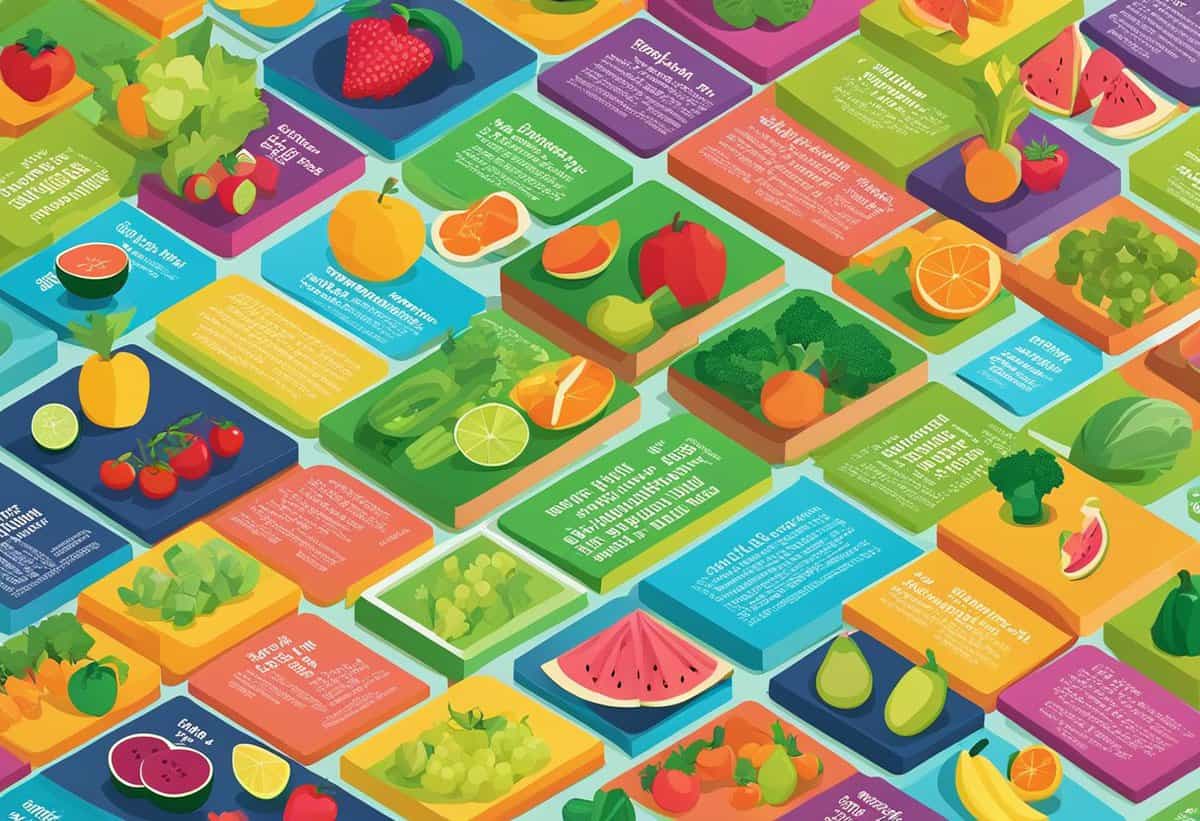 Colorful infographic depicting an assortment of fruits and vegetables with nutritional information labels.