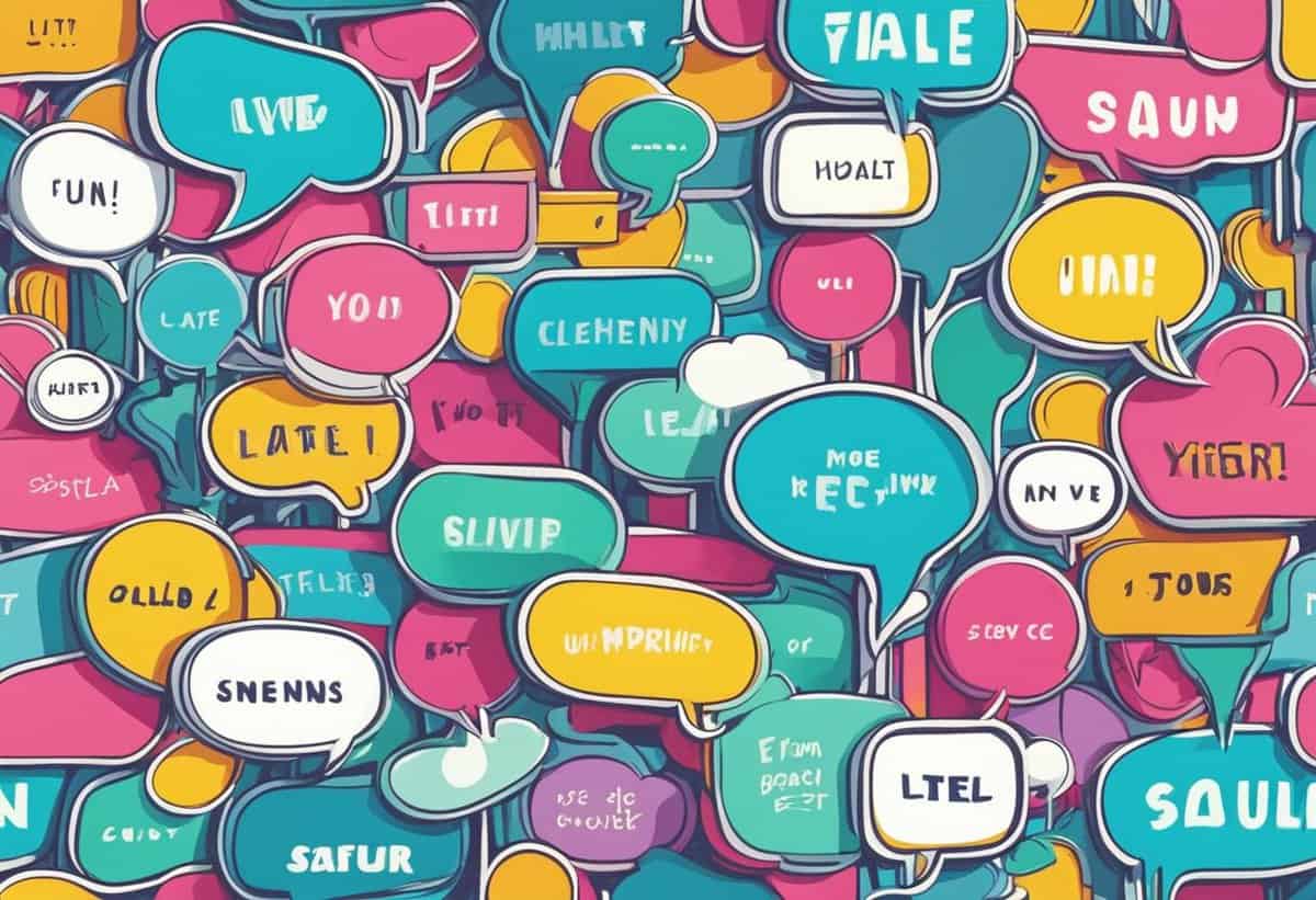 A colorful collage of overlapping speech bubbles with various unreadable words and phrases.