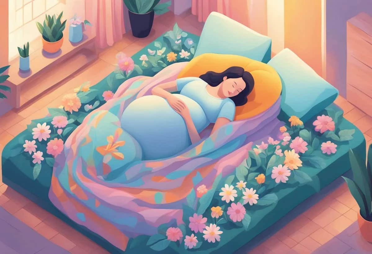 A serene illustration of a pregnant woman resting on a bed surrounded by flowers.