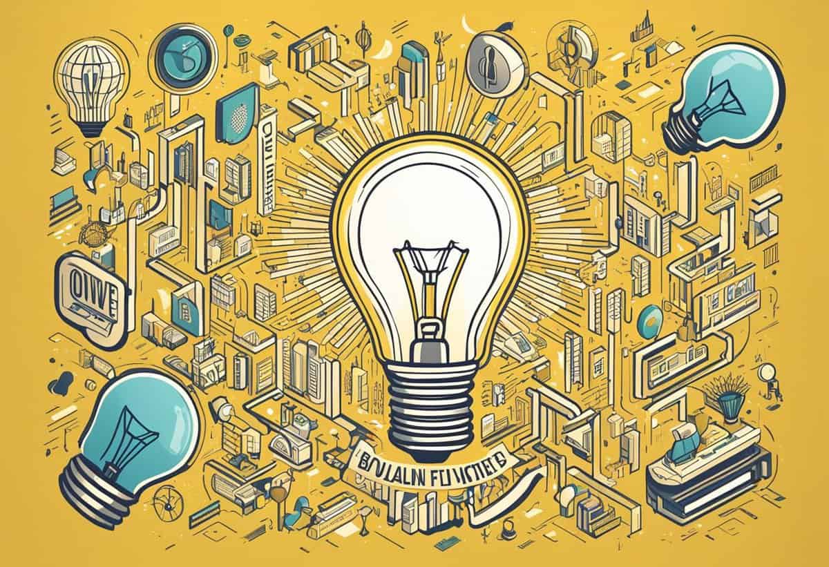 An illustrated concept of a lightbulb city, depicting buildings and city elements integrated into an abstract representation of illuminated ideas and creativity.