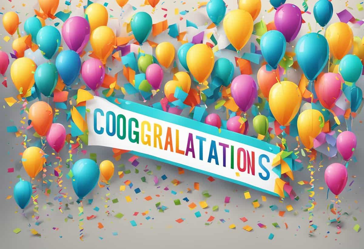 Colorful balloons and confetti with a banner spelling "congratulations" in a festive celebration background.