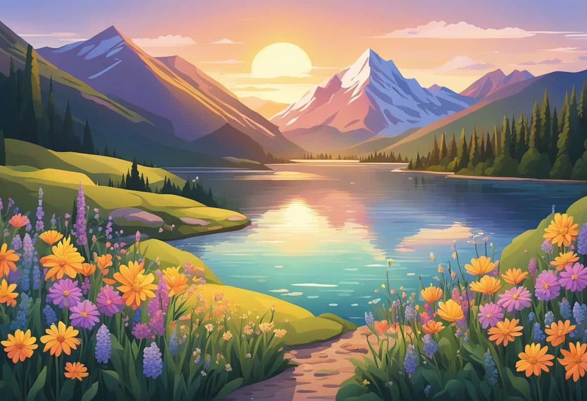 An illustration of a serene mountain landscape with a lake, wildflowers in the foreground, and a sunset.