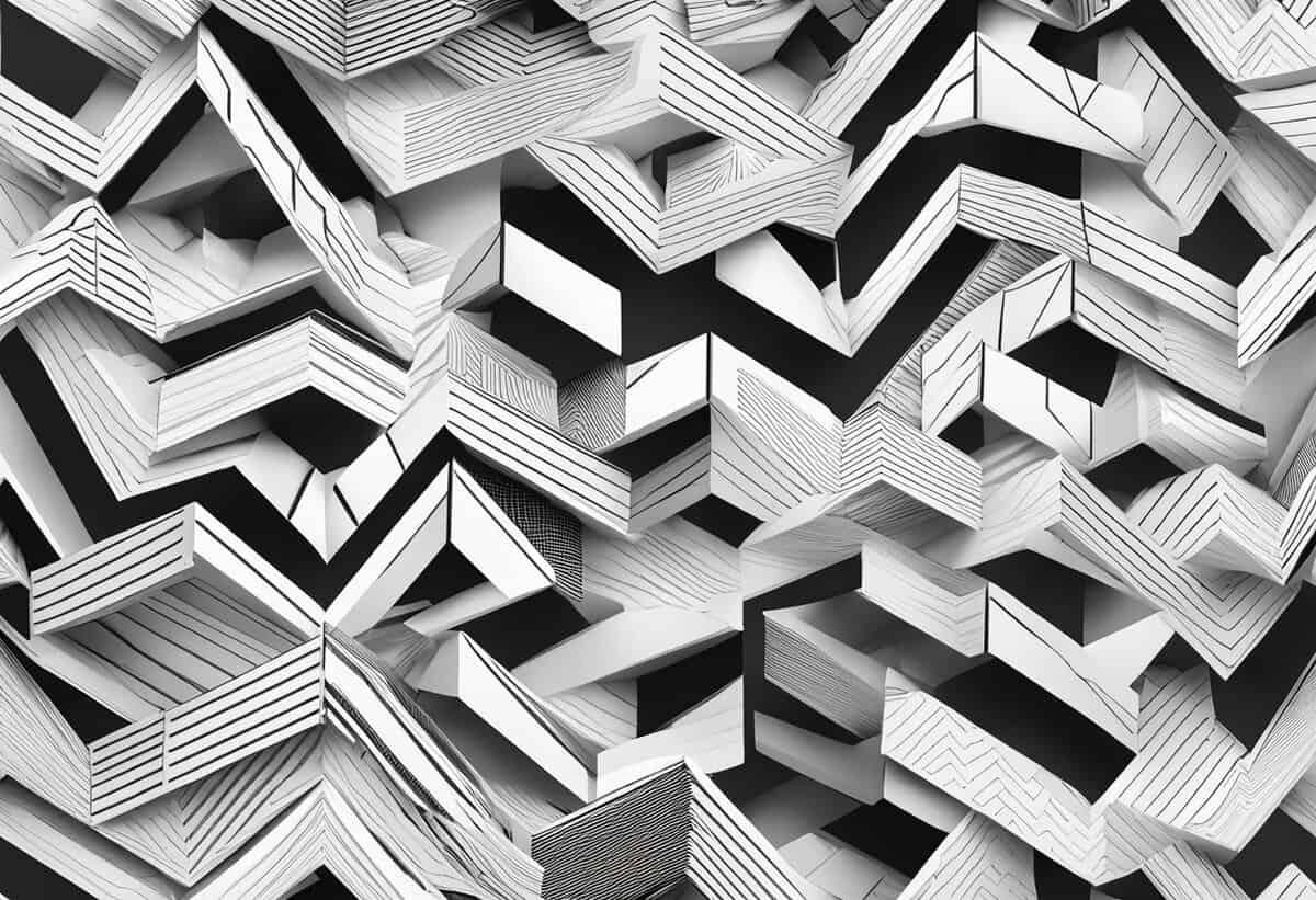 Abstract black and white geometric pattern with a maze-like three-dimensional design.