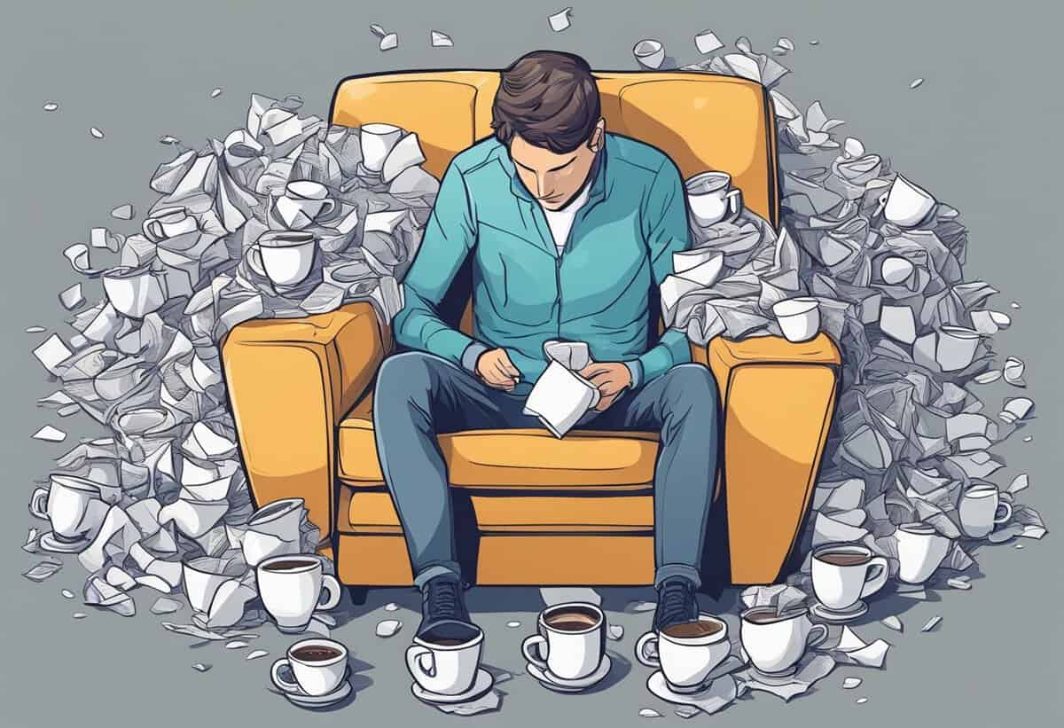Man engrossed in reading, surrounded by a sea of crumpled paper and multiple coffee cups.