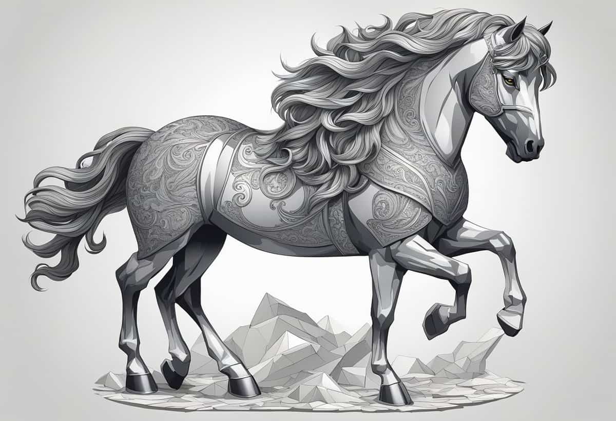 An illustrated metallic horse with ornate patterns standing on a stylized rocky ground.