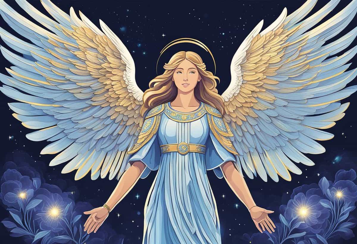 An illustrated angel with widespread wings against a starry night sky background.