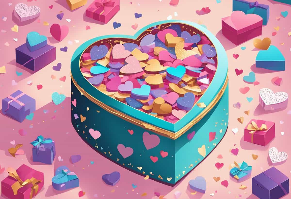 A large heart-shaped box filled with smaller colorful hearts, surrounded by various sized gift boxes on a pink surface.