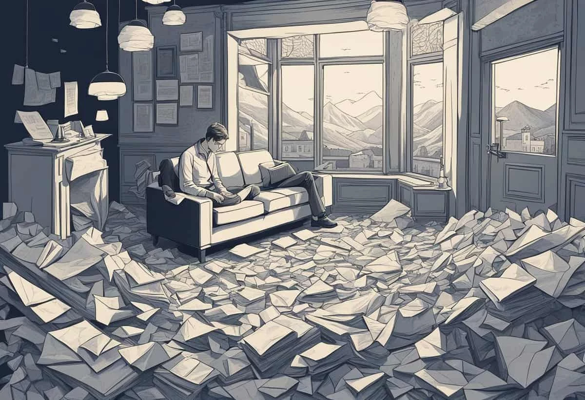 Man sitting on a couch in a room filled with papers, with mountains visible through the window.